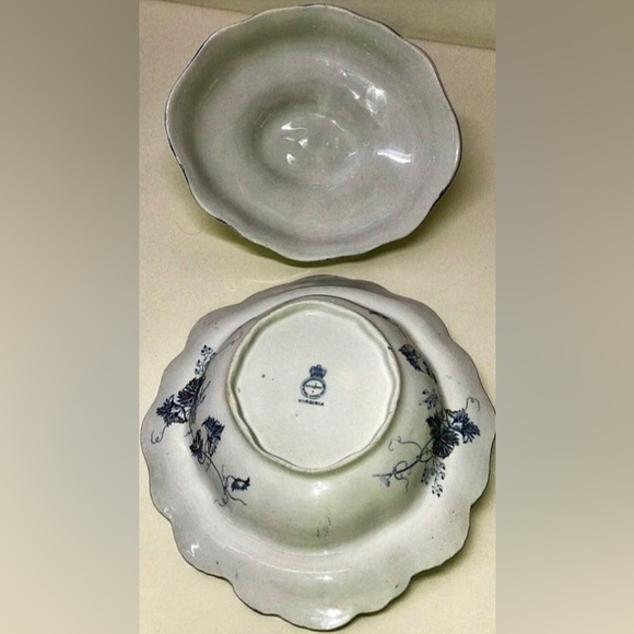 Vintage JOHN MADDOCK & SONS Virginia Slate Blue Gold Trim Covered Serving Bowl - Picture 11 of 11